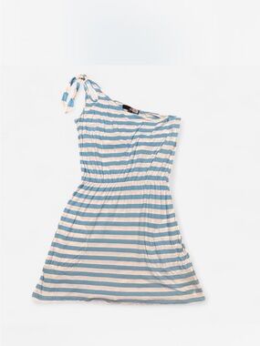 Volcom One-Shoulder Blue and Cream Striped Tie-Shoulder Dress with Pockets